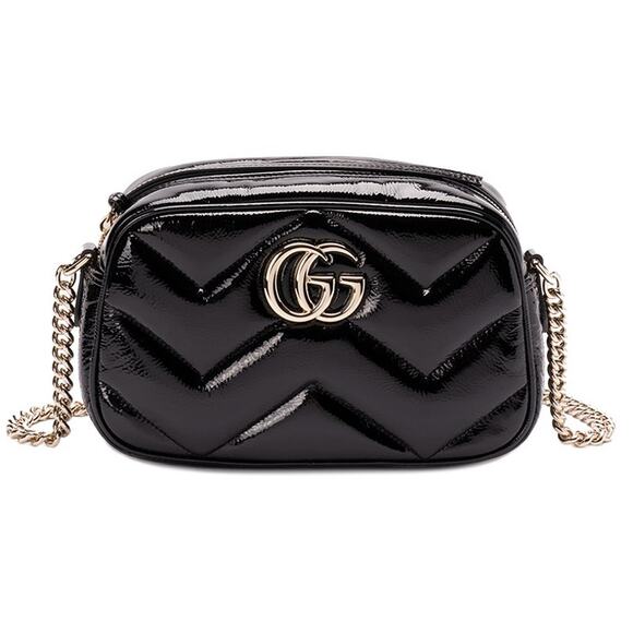 $2600 NEW GUCCI BLACK PATENT LEATHER MARMONT CAMERA CROSSBODY BAG PURSE - Picture 1 of 11